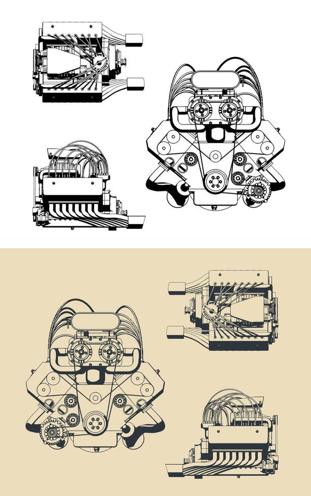 Turbocharged engine blueprints vector