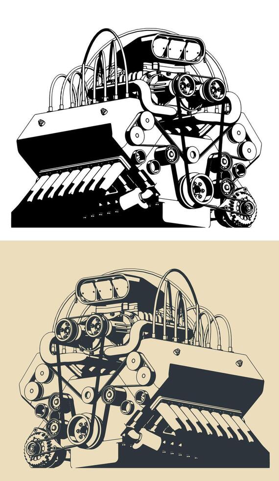 Turbocharged V-engine illustrations vector