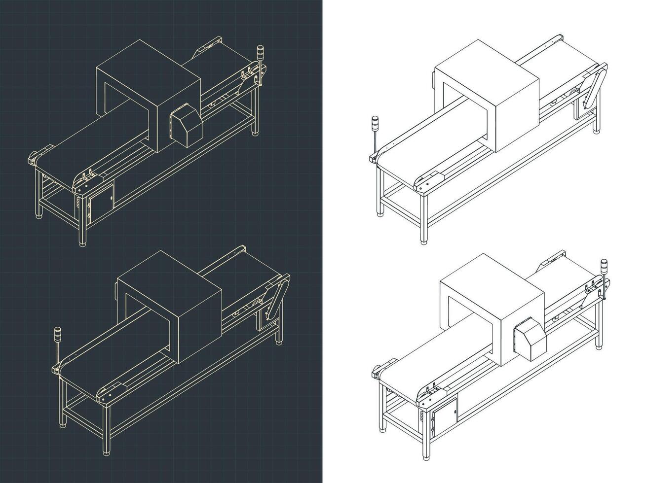 Conveyor belt with a metal detector isometric blueprints vector