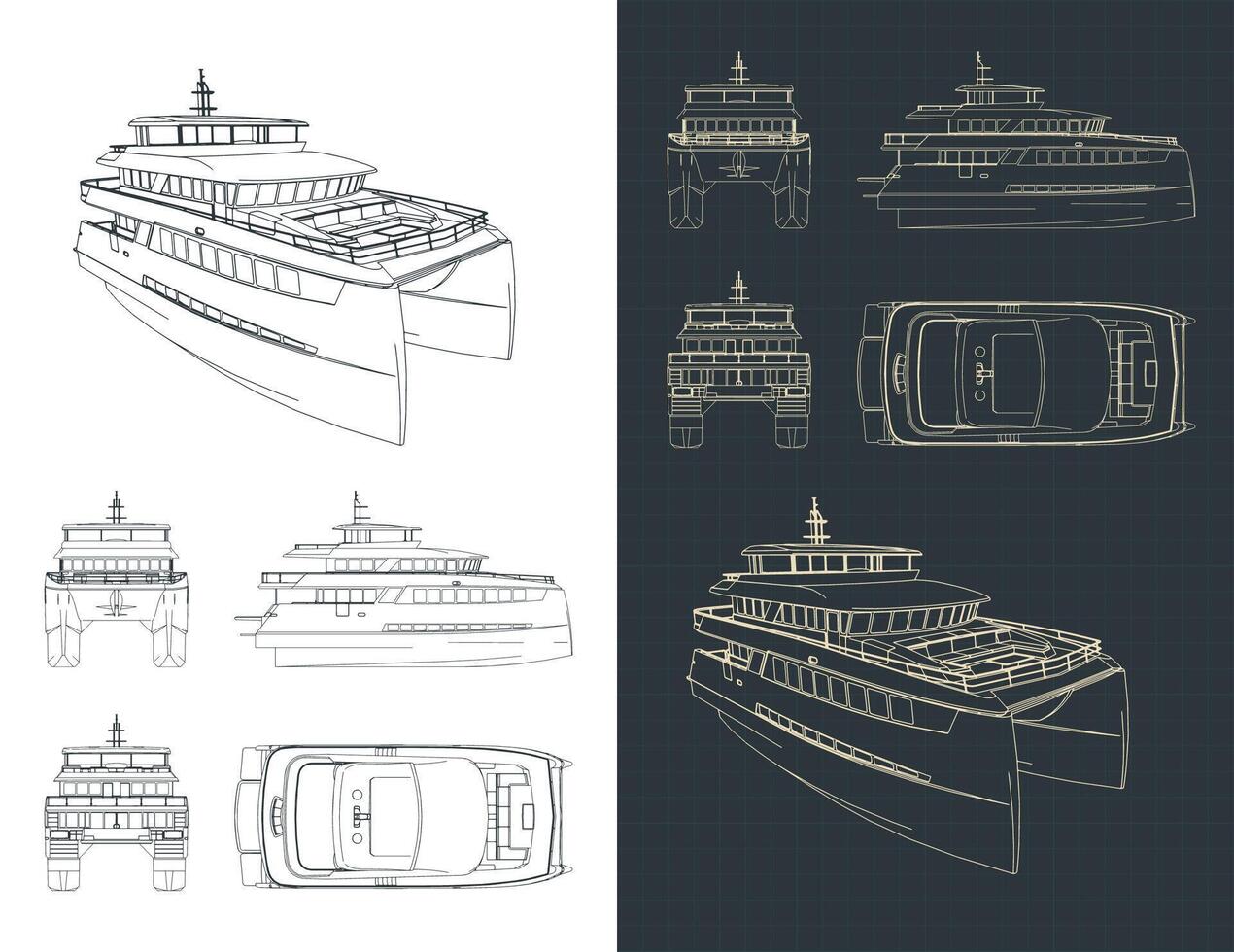 Large Catamaran Isometric Blueprints vector