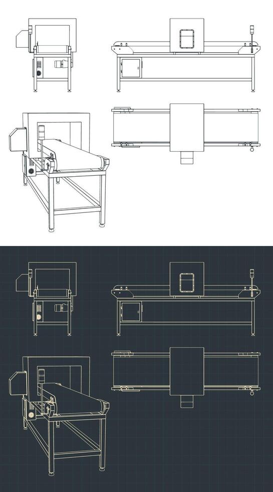 Conveyor belt with a metal detector blueprints vector