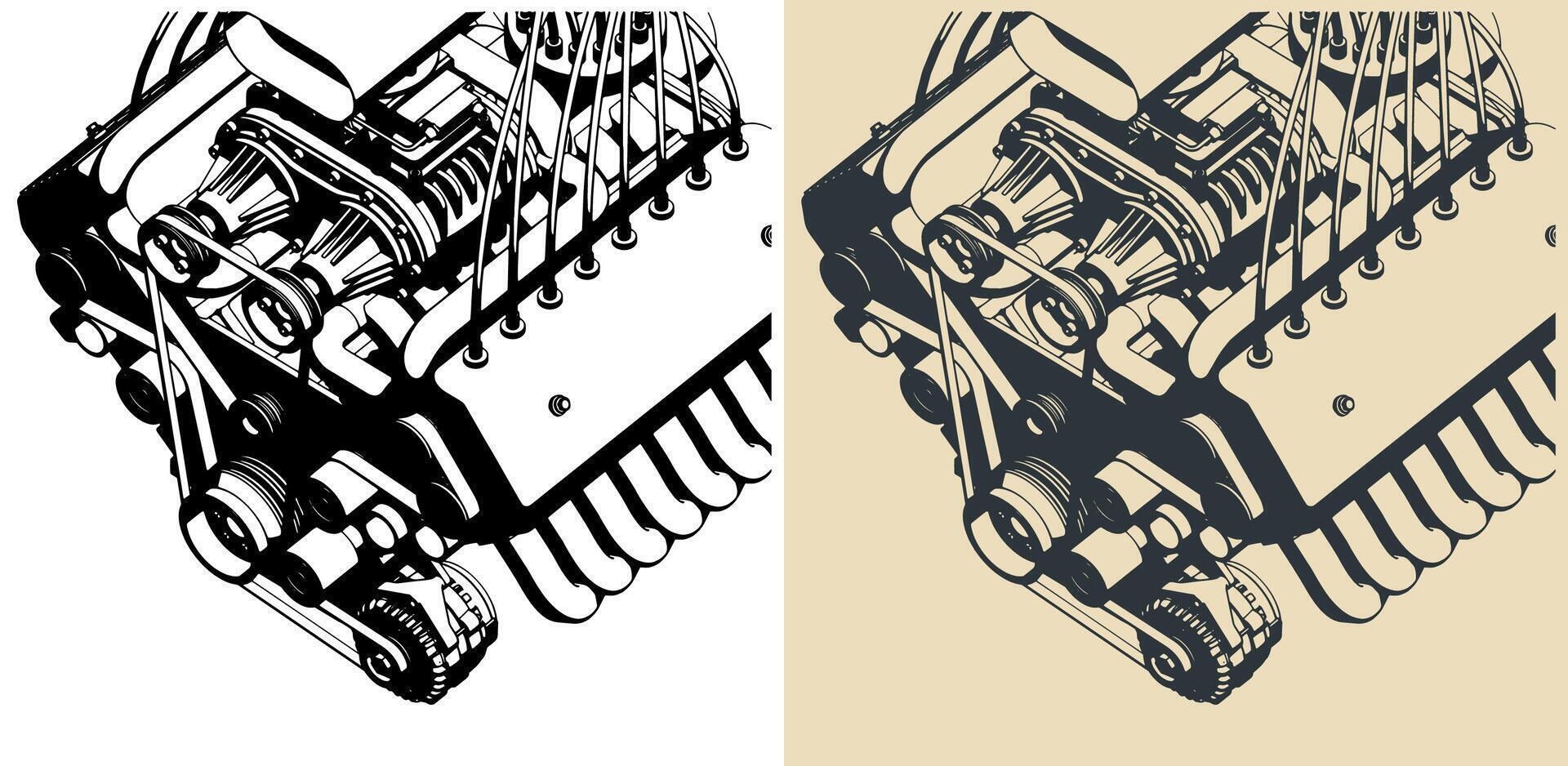 Turbocharged V-engine close-up vector