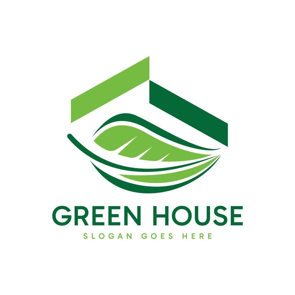 Green House logo design. Abstract minimalist house shape combination with green leaf. Environment nature sign symbol design illustration. vector