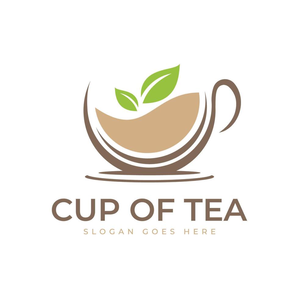 Tea in a cup logo design. Minimalist tea cup and green leaf combination. vector