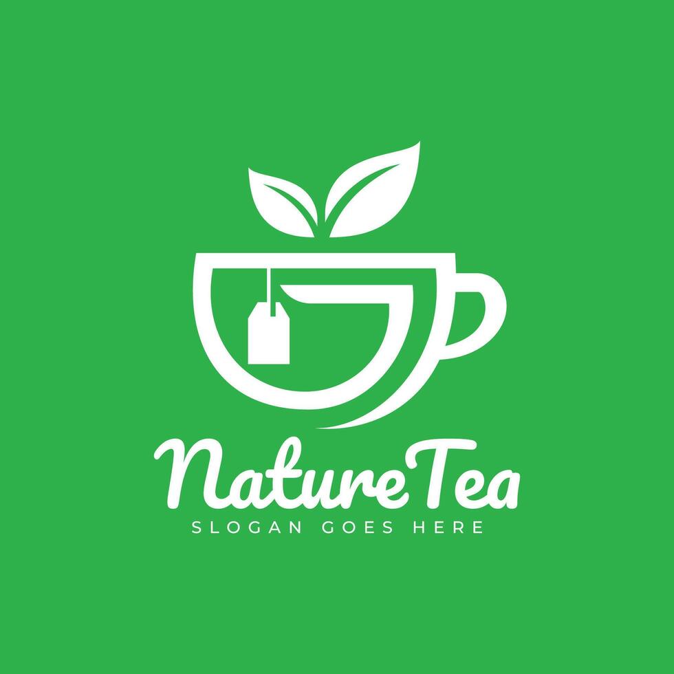 Tea in a cup logo design. Minimalist tea cup and green leaf combination. vector