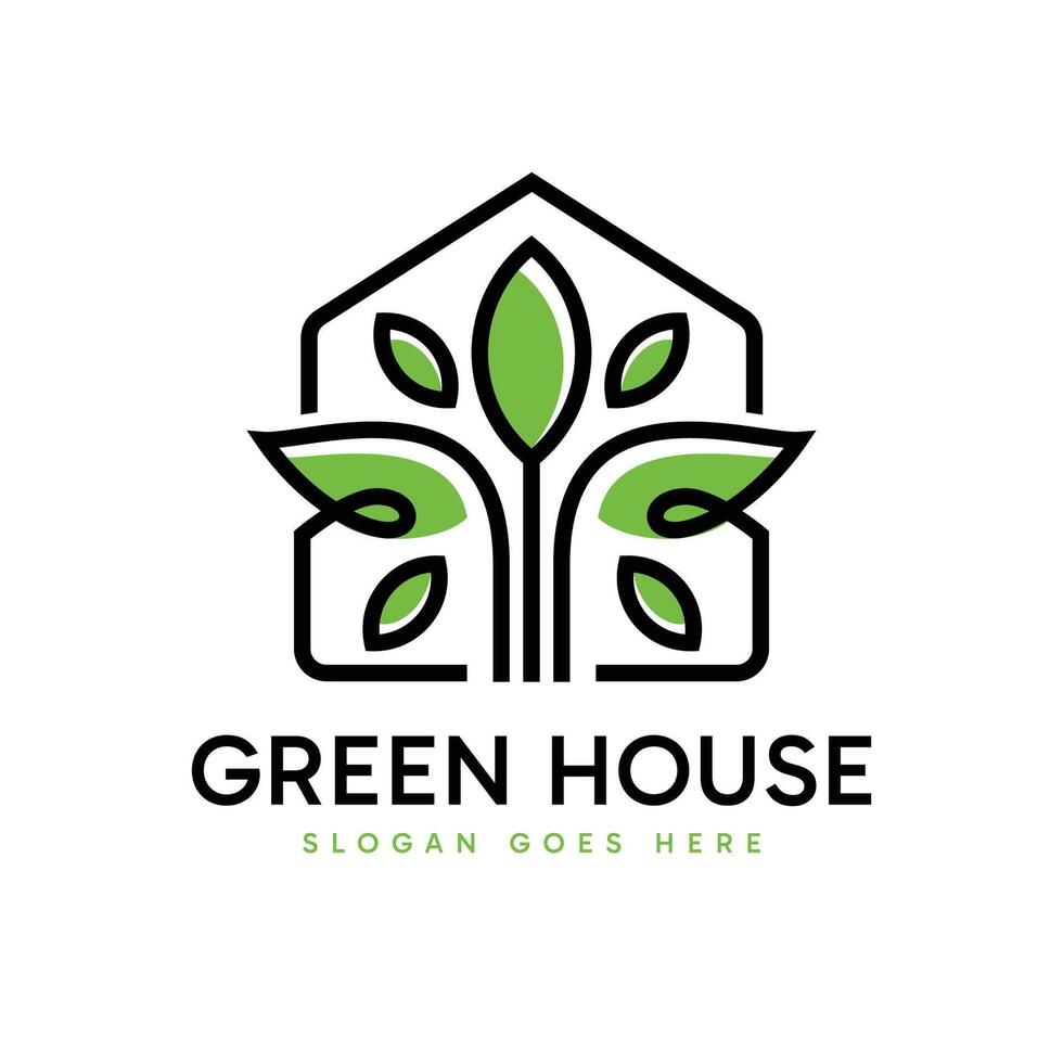 Green House logo design. Abstract minimalist house shape combination with green leaf. Environment nature sign symbol design illustration. vector