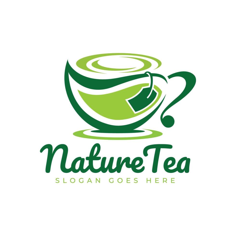 Tea in a cup logo design. Minimalist tea cup and green leaf combination. vector