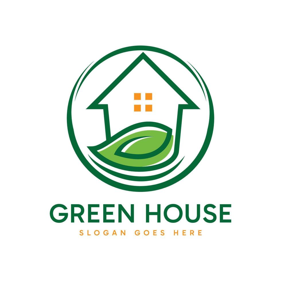Green House logo design. Abstract minimalist house shape combination with green leaf. Environment nature sign symbol design illustration. vector