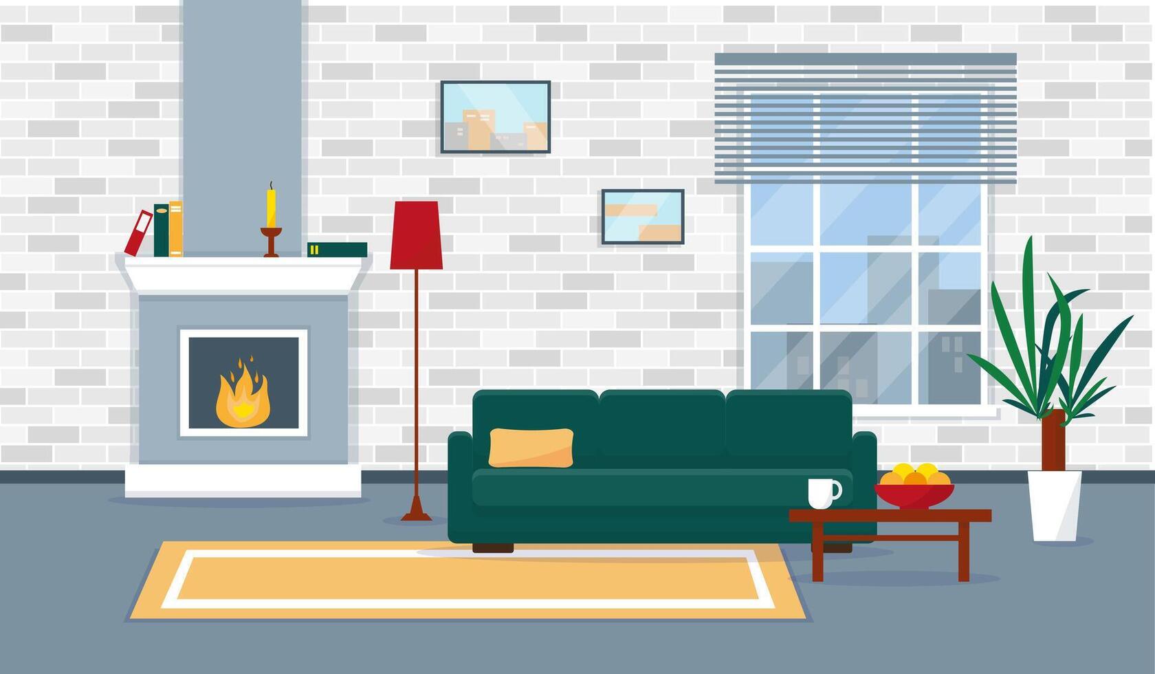 Living room with fireplace in modern style. Apartments with window and furniture . vector