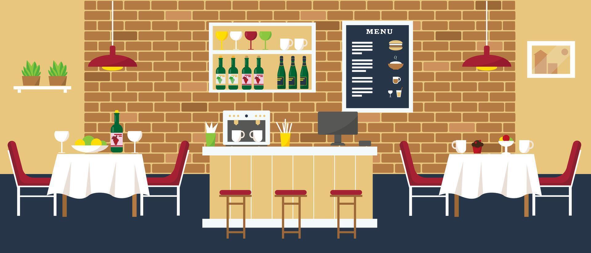 Cozy cafe or restaurant with bar, coffee shop and tables. Interior design. vector