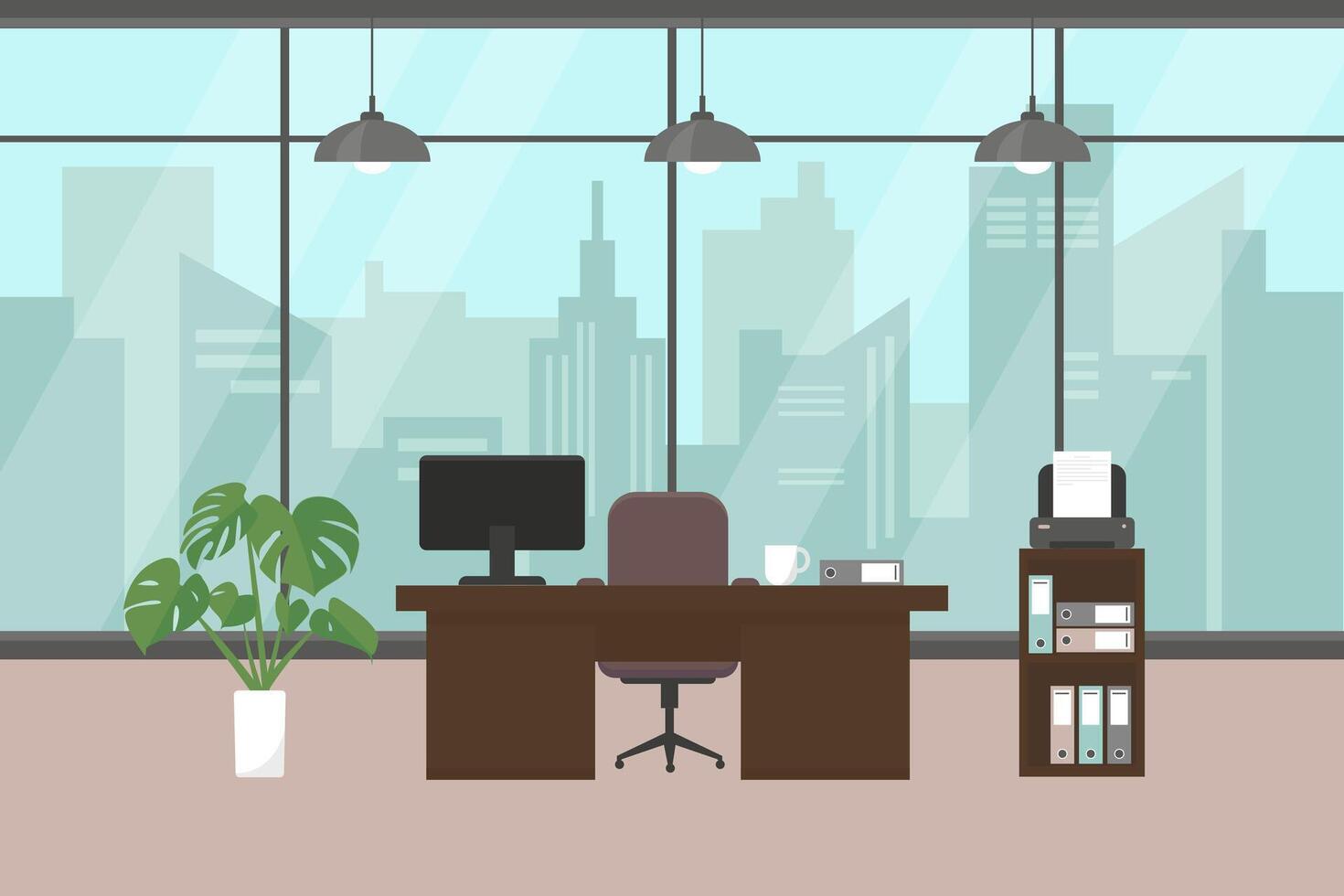 Modern office with window, furniture and plant on the floor. Workplace in big modern city. vector