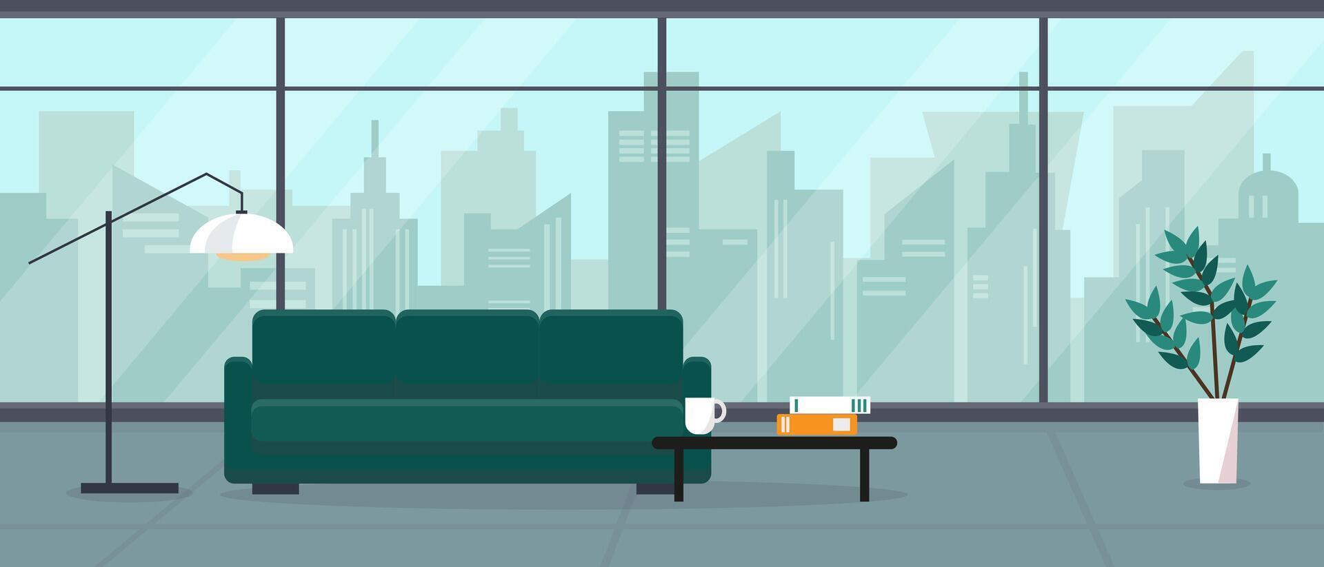 Modern empty living room in skyscraper house or hotel with big panoramic window and city view. Interior concept. vector