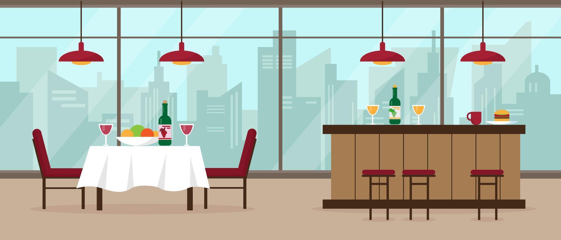Modern restaurant and bar interior with big panoramic window and city view. Interior concept. vector