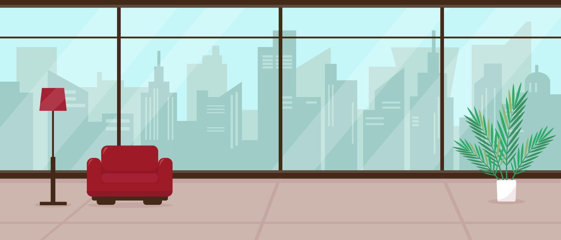 Modern living room or office with big panoramic window and city view. Interior concept. vector