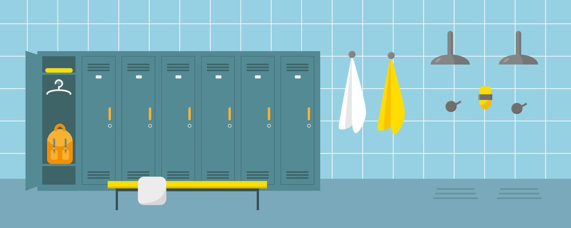 Locker room and shower area in sport center or swimming pool. Dressing place in fitness club or gym. vector