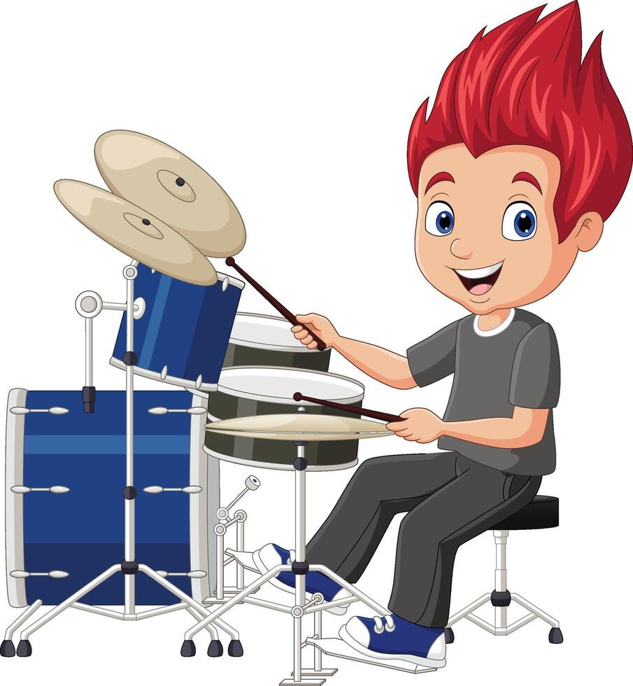 Little boy playing a drum set vector