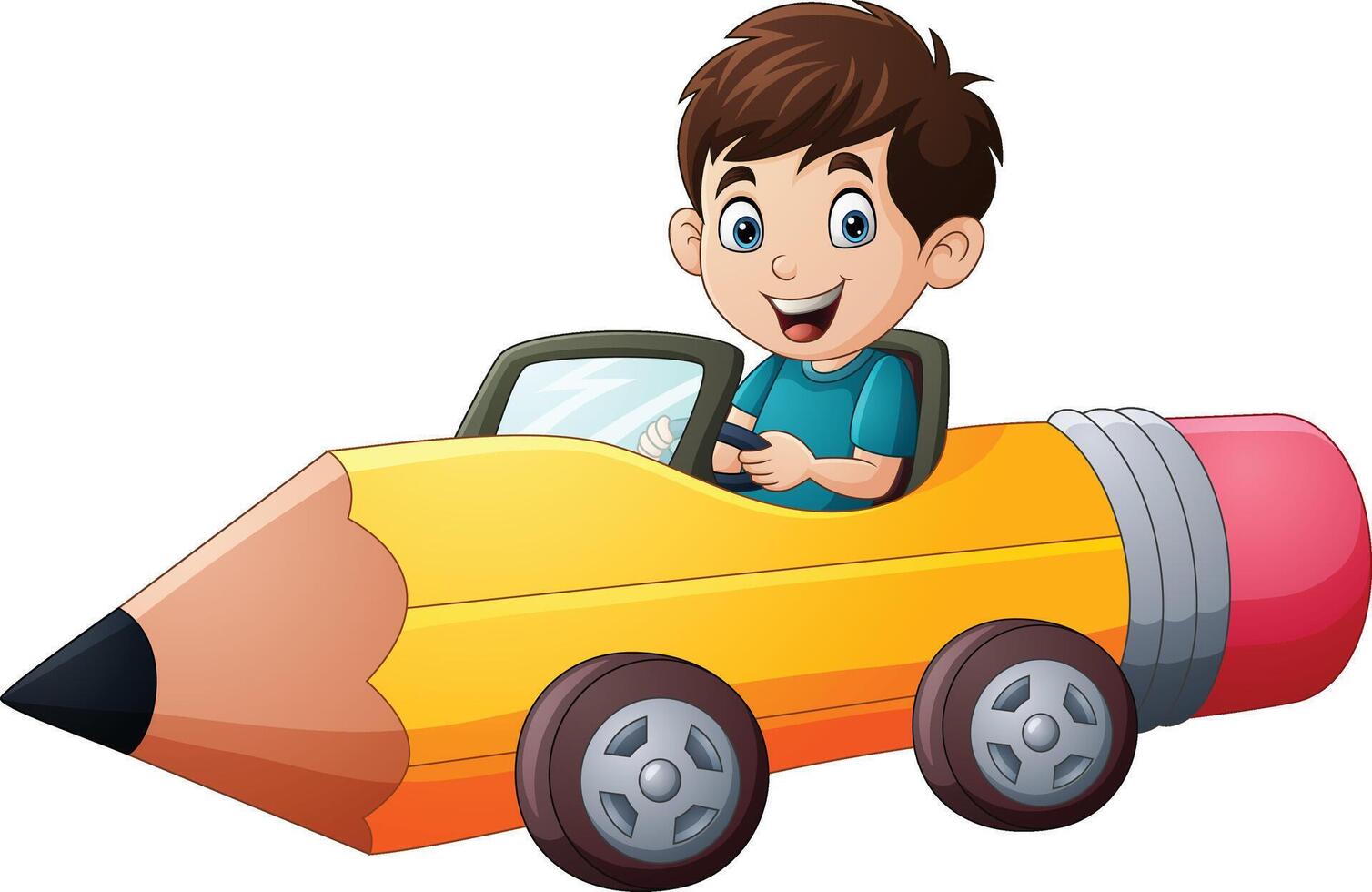 Cartoon boy riding a pencil car vector
