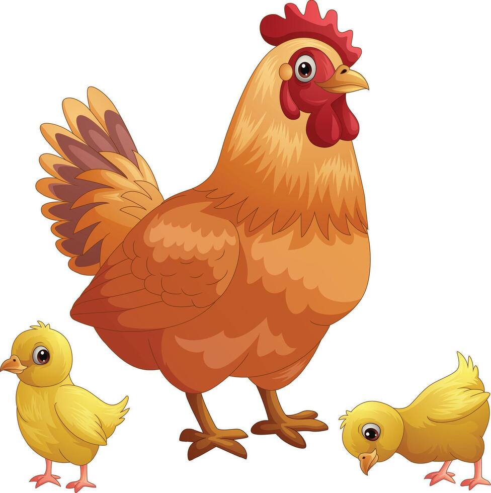 Cartoon hen with her baby chicks vector