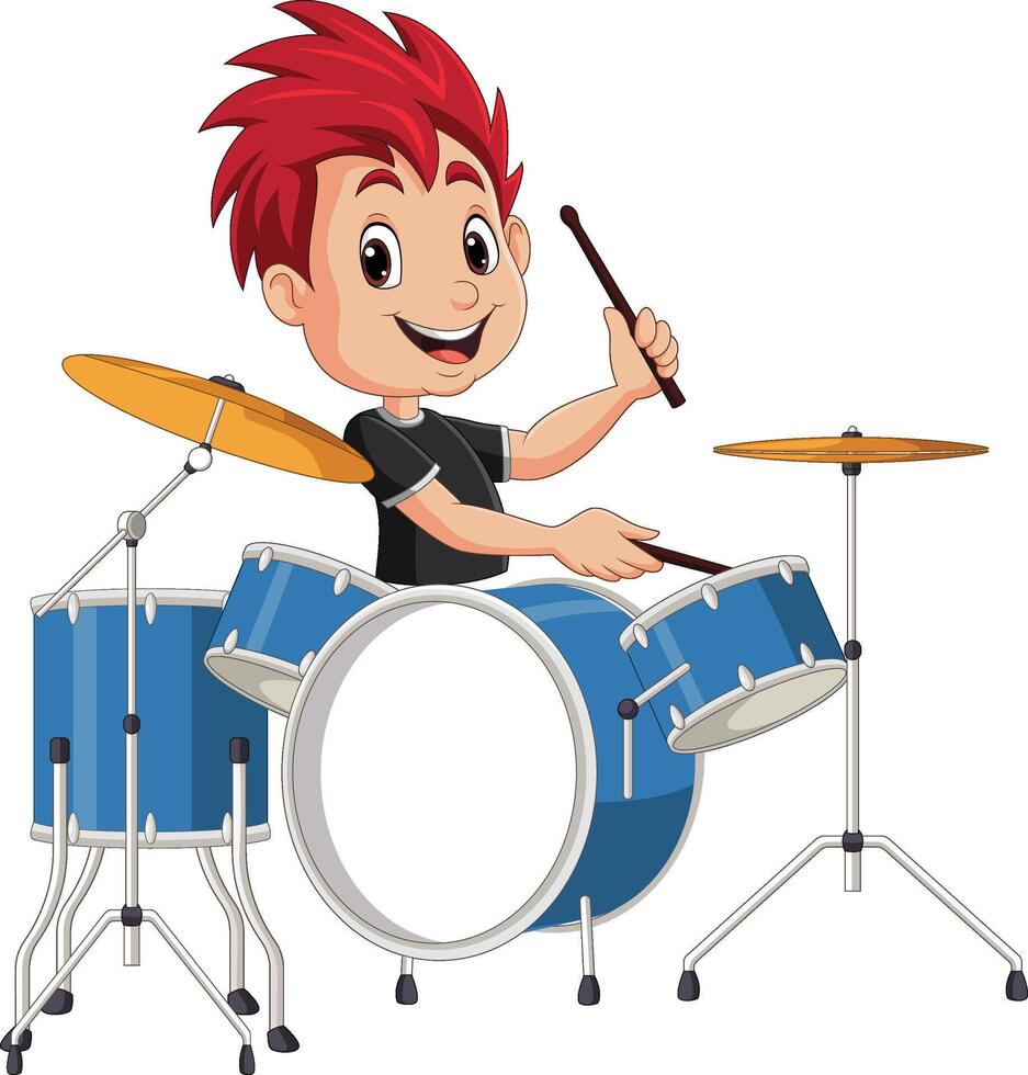 Little boy playing a drum set vector