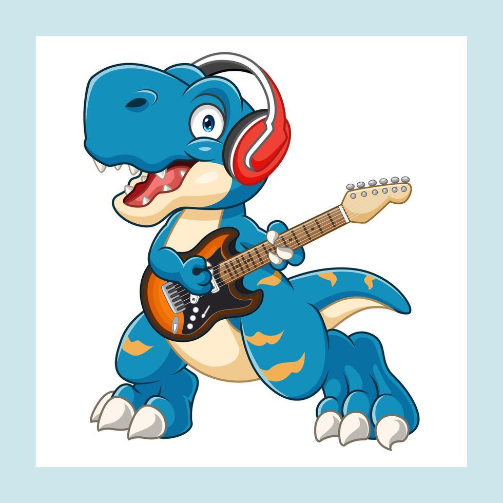 cartoon cute little dinosaur playing guitar vector