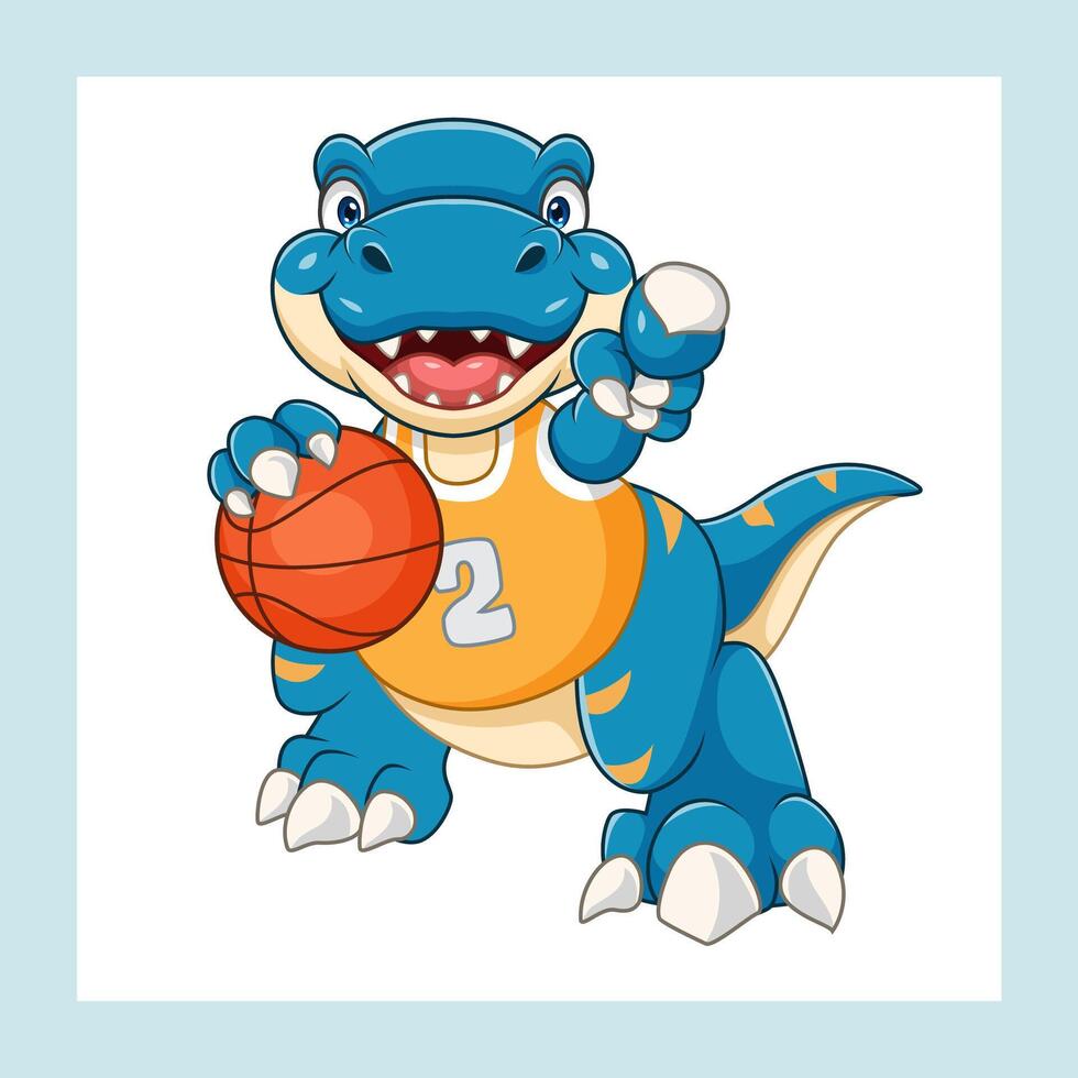 cute cartoon dinosaur playing pointing while holding a basketball vector