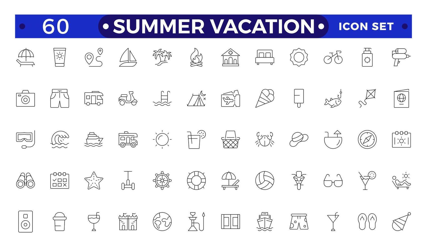 summer vacations icon set. Thin line illustrations with objects, activities and places related with traveling, tourism, outdoors in the beach and mountain, camping, resorts and hotels. vector