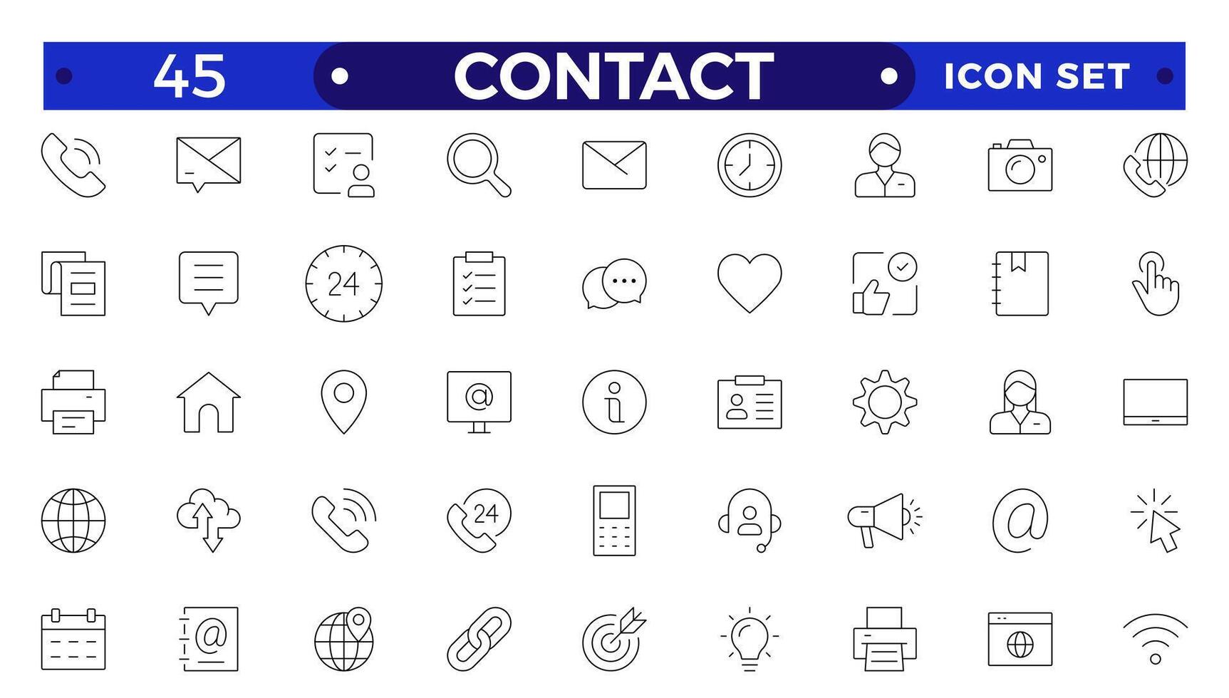 Contact outline Icons.Contact symbols - Phone, mail, fax, info, e-mail, support.Containing e-mail, phone, address, customer service, call, website and more. vector