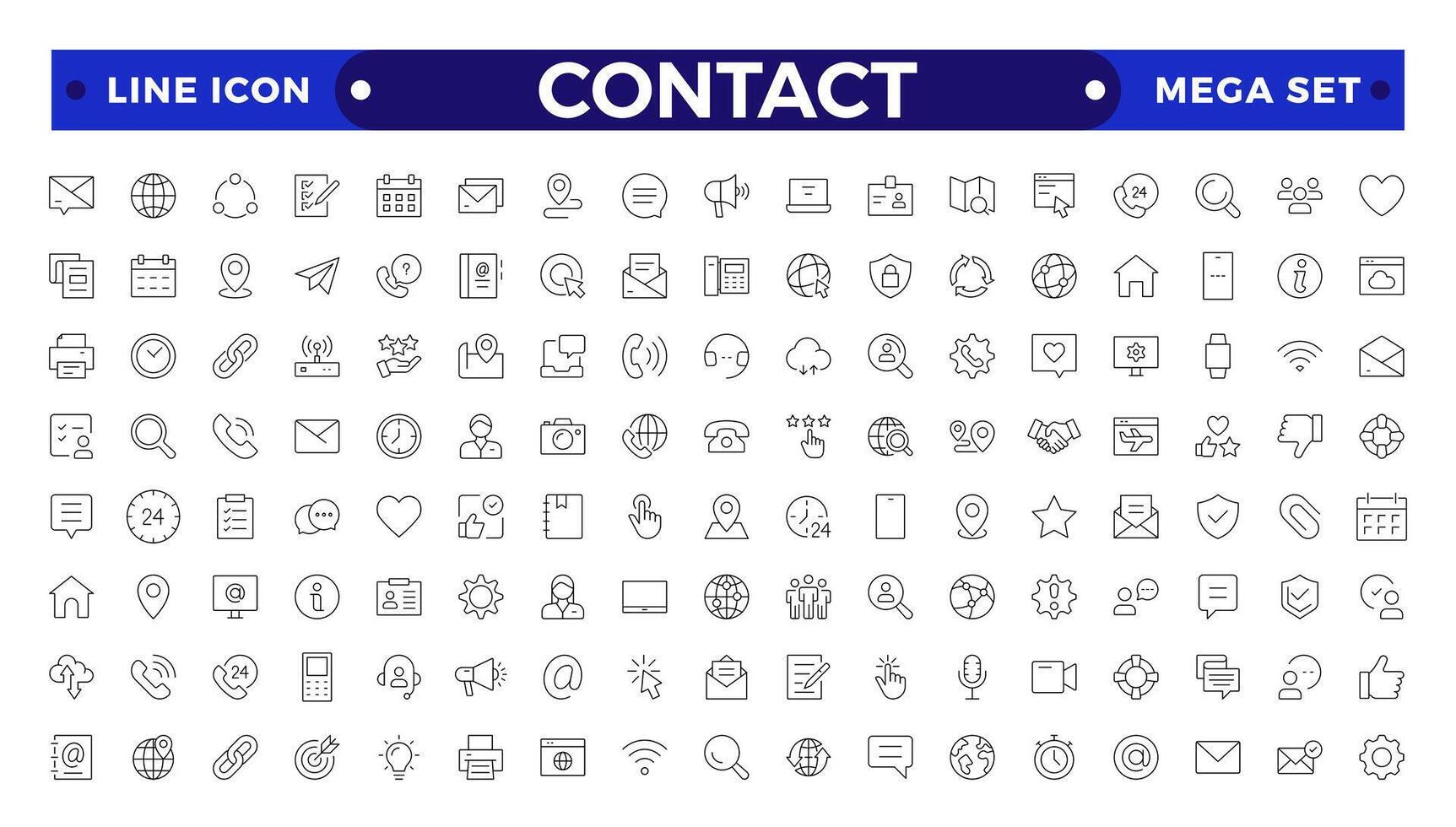 Contact outline Icons.Contact symbols - Phone, mail, fax, info, e-mail, support.Containing e-mail, phone, address, customer service, call, website and more. vector
