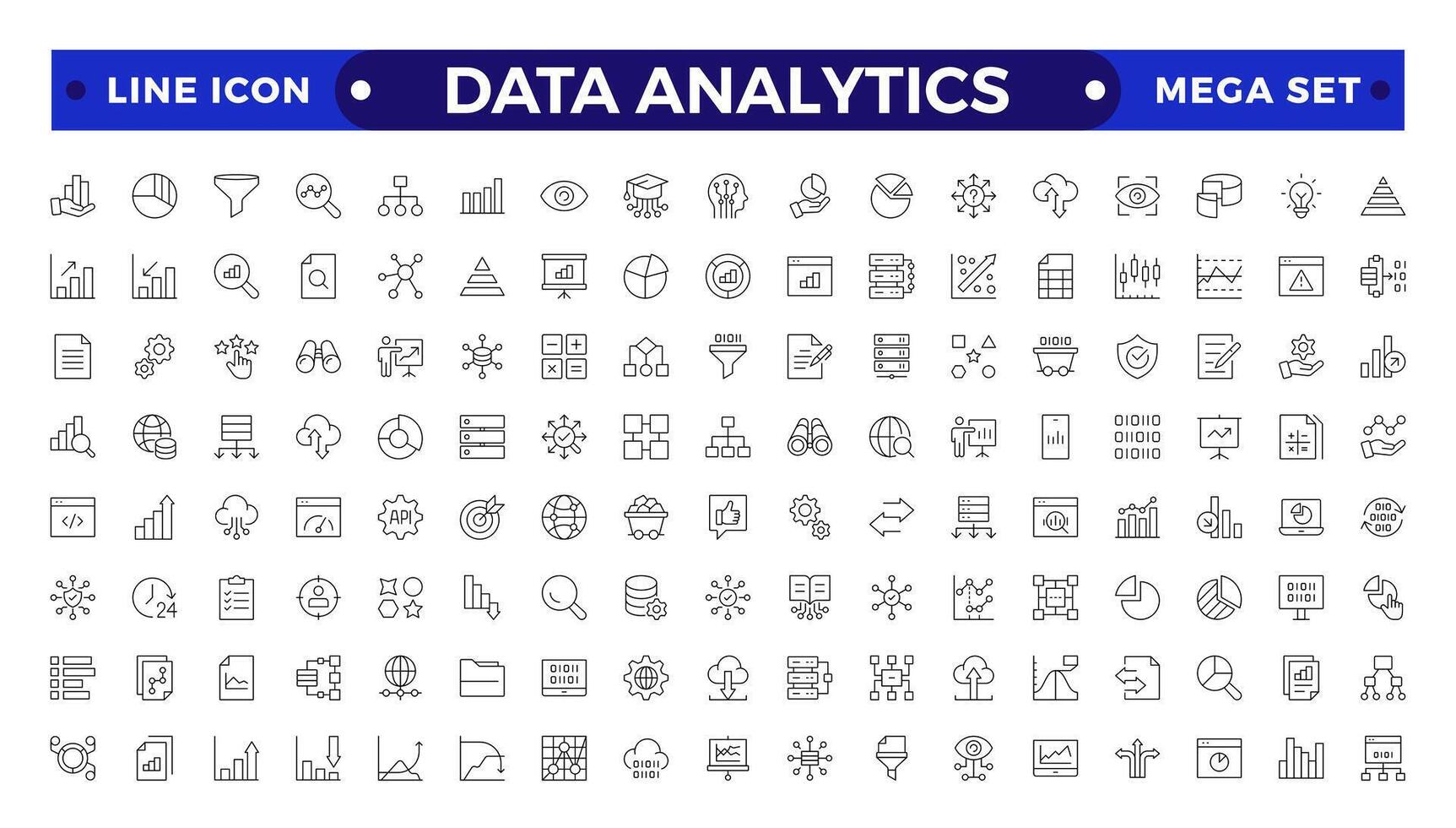 Data analytics icon set. Big data analysis technology symbol. Containing database, statistics, analytics, server, monitoring, computing and network icons. Outline icons collection. vector