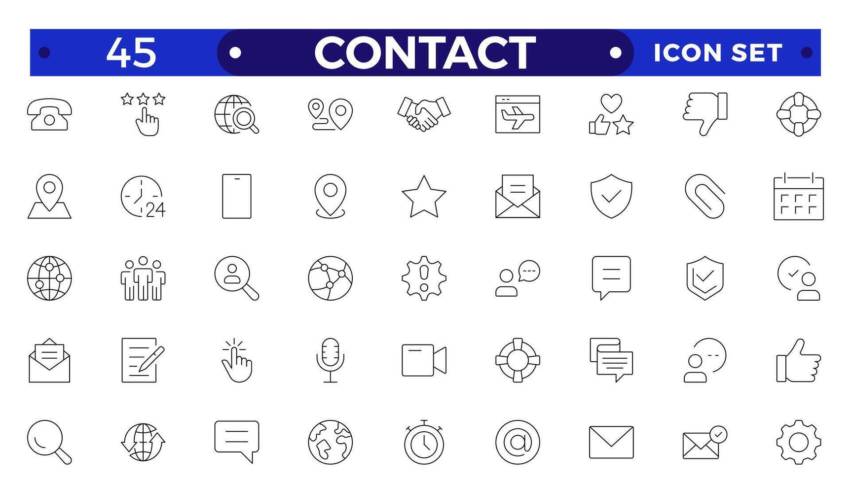 Contact outline Icons.Contact symbols - Phone, mail, fax, info, e-mail, support.Containing e-mail, phone, address, customer service, call, website and more. vector