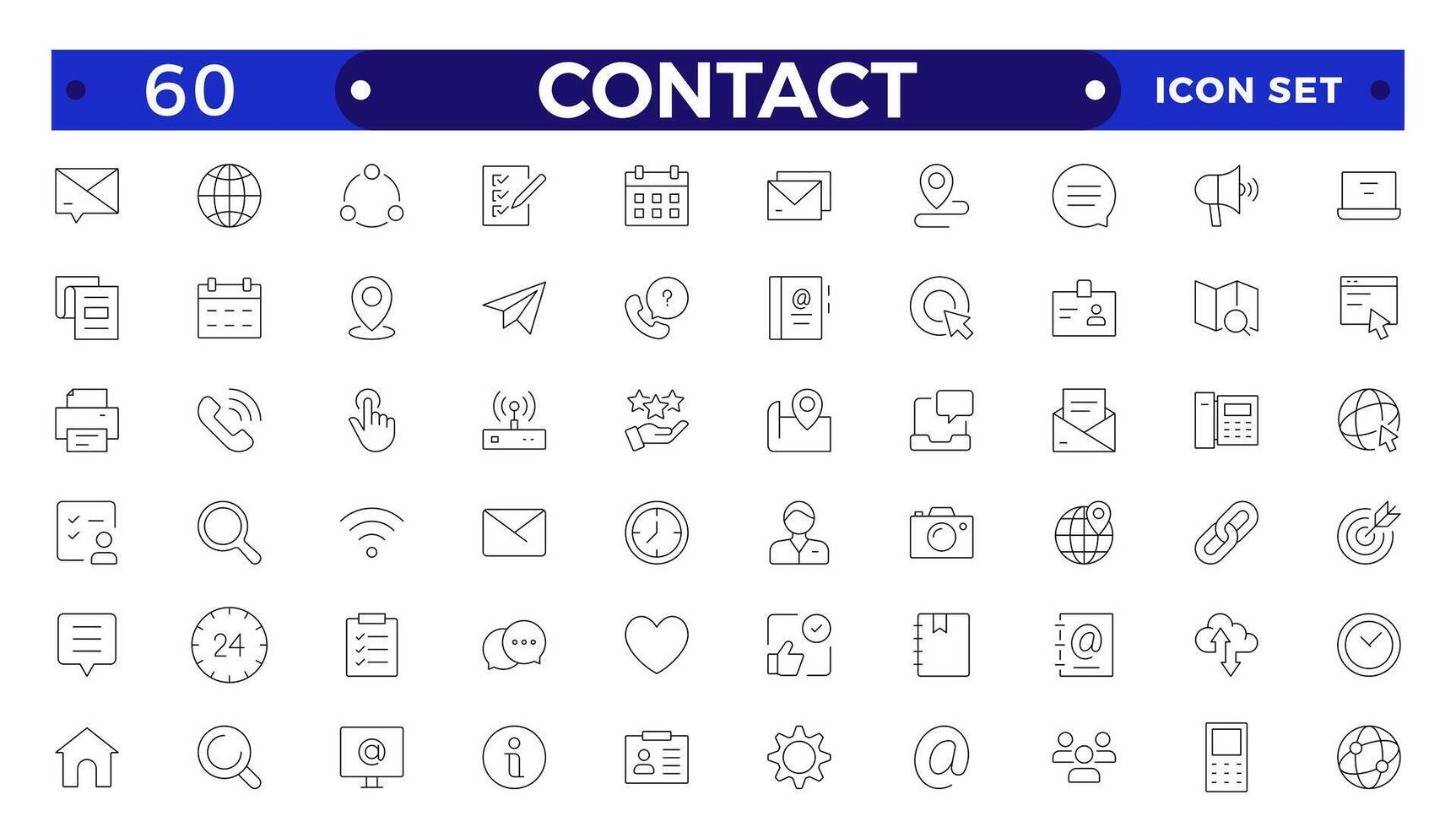 Contact outline Icons.Contact symbols - Phone, mail, fax, info, e-mail, support.Containing e-mail, phone, address, customer service, call, website and more. vector