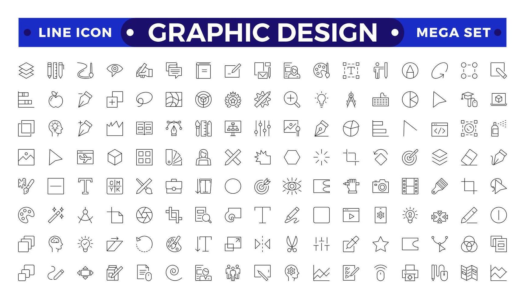 Set of outline icons of graphic design. Simple linear icons in a modern style flat, Creative Process. Graphic design, creative package, stationary, software.Minimal Graphic Design related icon set. vector