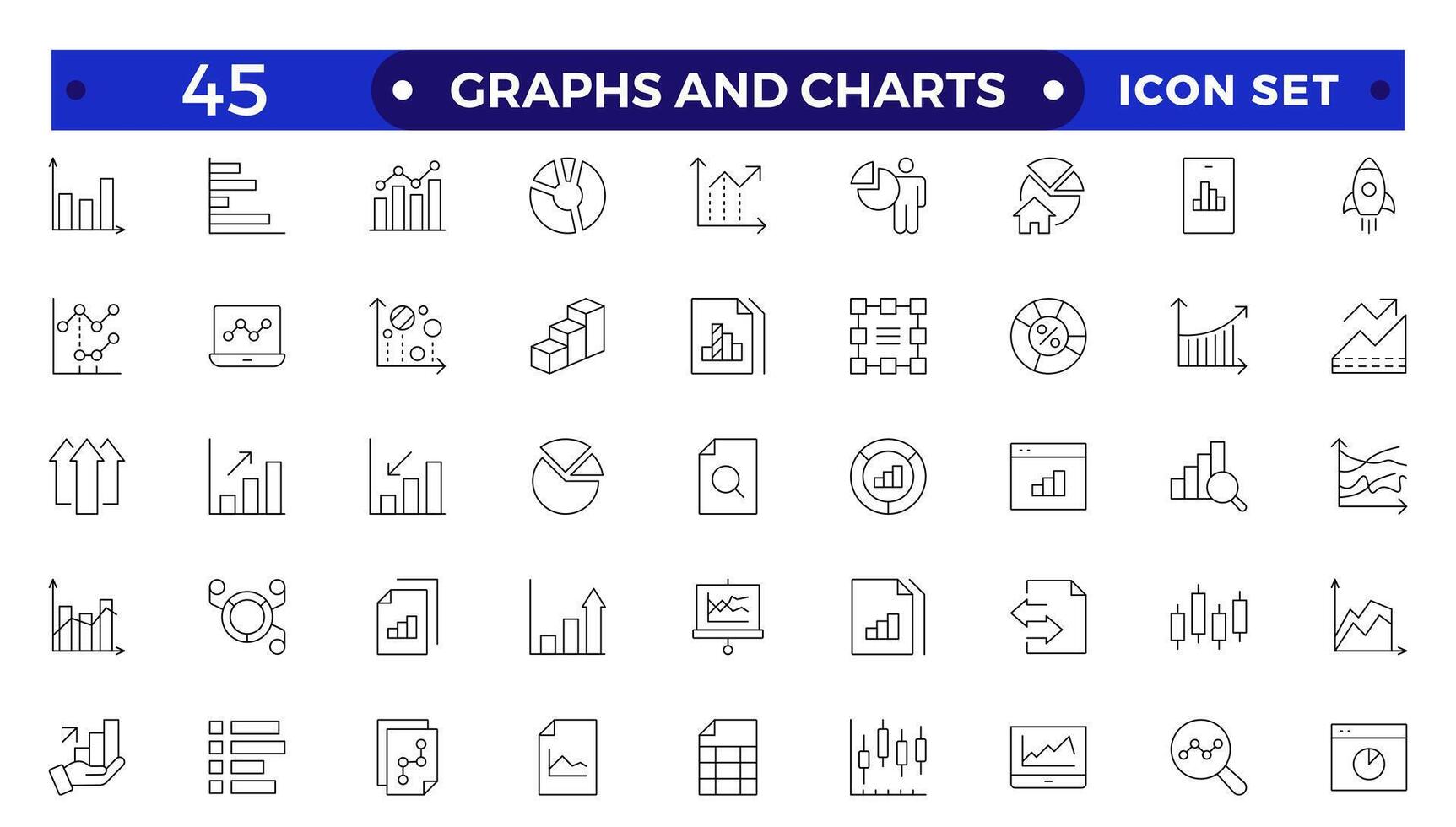 Growing bar graph icon set. Business graphs and charts icons. Statistics and analytics Outline icon. Statistic and data, charts diagrams, money, down or up arrow. vector