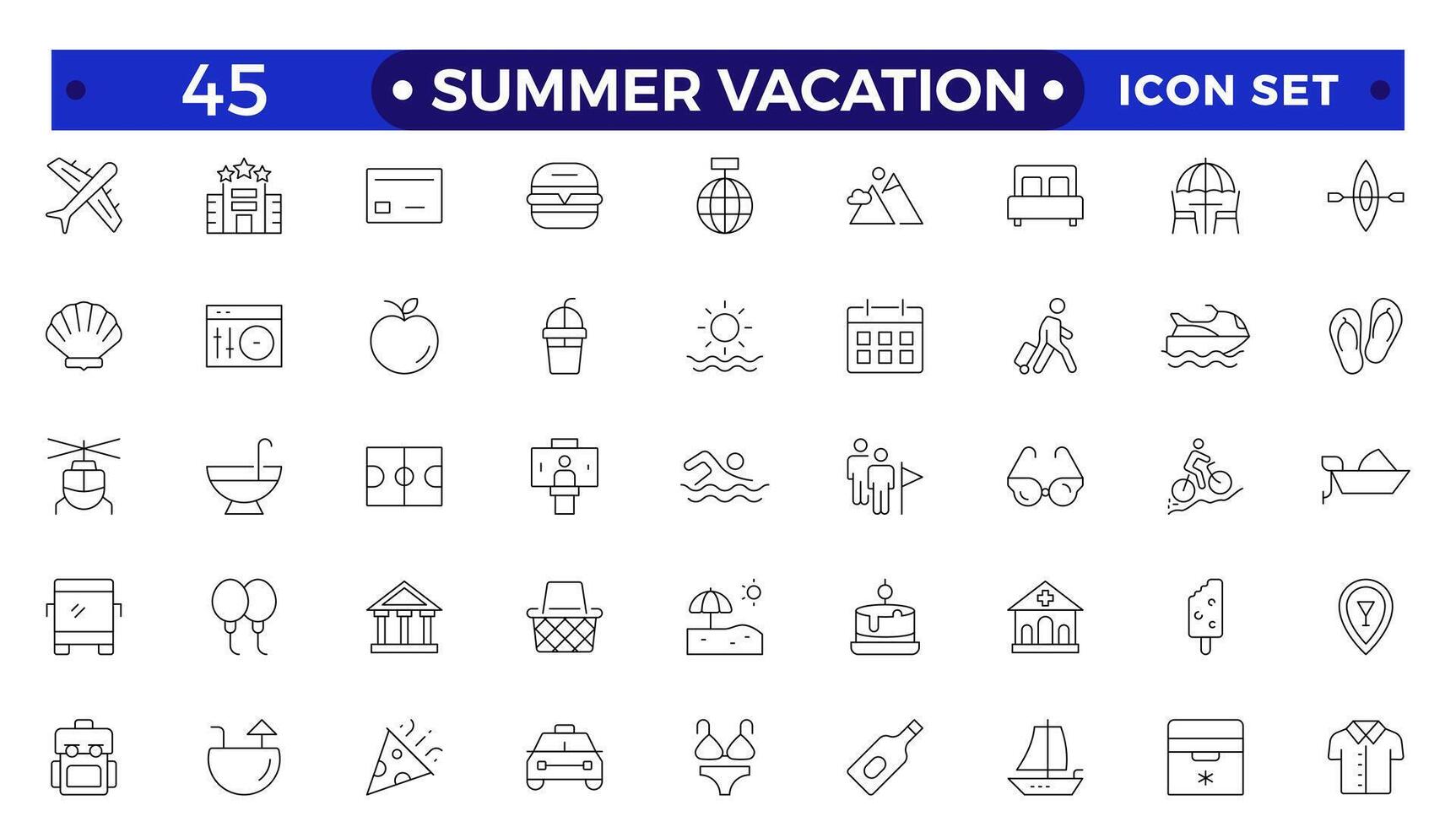 summer vacations icon set. Thin line illustrations with objects, activities and places related with traveling, tourism, outdoors in the beach and mountain, camping, resorts and hotels. vector