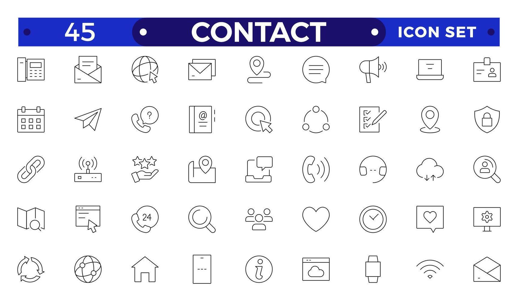 Contact outline Icons.Contact symbols - Phone, mail, fax, info, e-mail, support.Containing e-mail, phone, address, customer service, call, website and more. vector