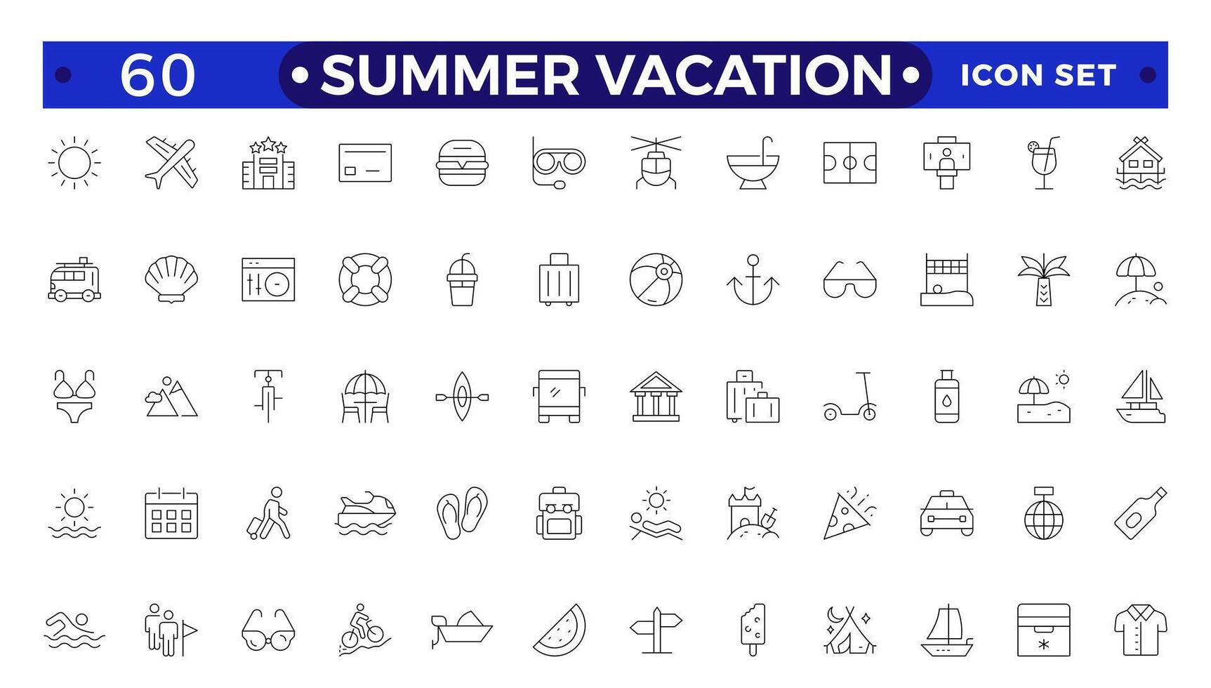 summer vacations icon set. Thin line illustrations with objects, activities and places related with traveling, tourism, outdoors in the beach and mountain, camping, resorts and hotels. vector
