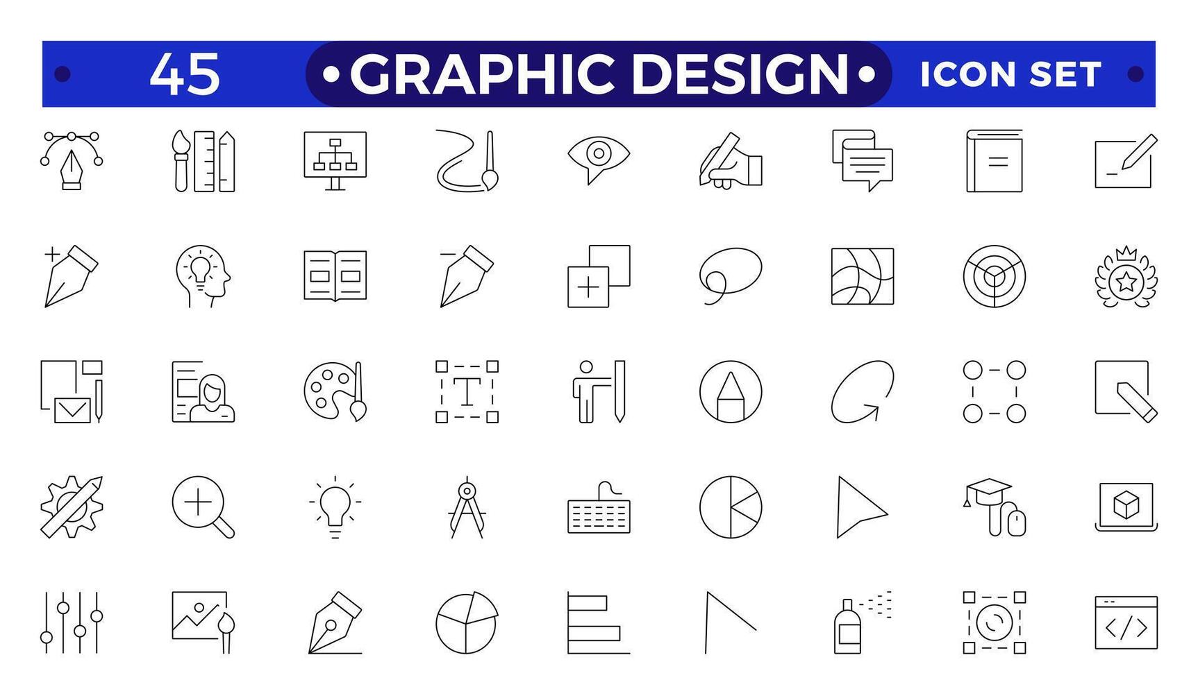 Set of outline icons of graphic design. Simple linear icons in a modern style flat, Creative Process. Graphic design, creative package, stationary, software.Minimal Graphic Design related icon set. vector