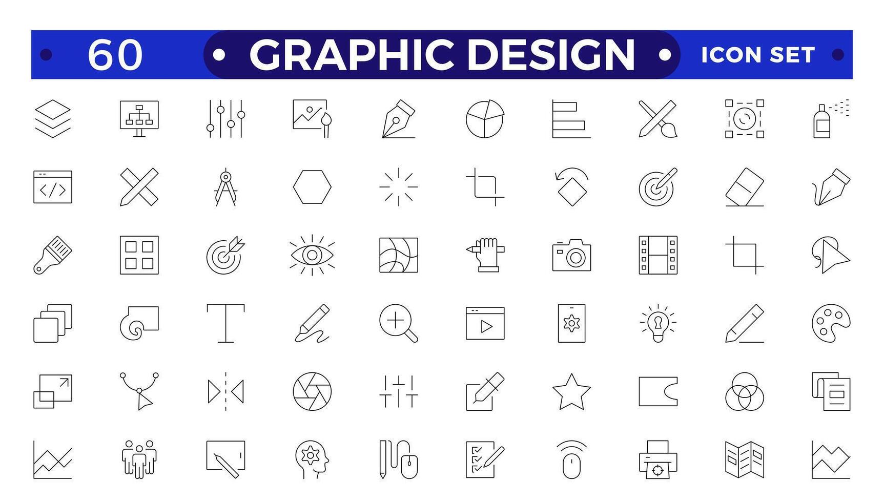 Set of outline icons of graphic design. Simple linear icons in a modern style flat, Creative Process. Graphic design, creative package, stationary, software.Minimal Graphic Design related icon set. vector