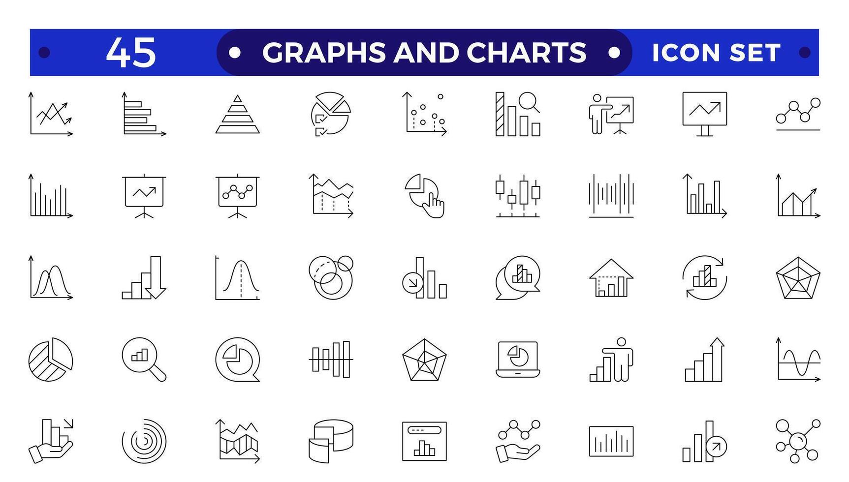 Growing bar graph icon set. Business graphs and charts icons. Statistics and analytics Outline icon. Statistic and data, charts diagrams, money, down or up arrow. vector