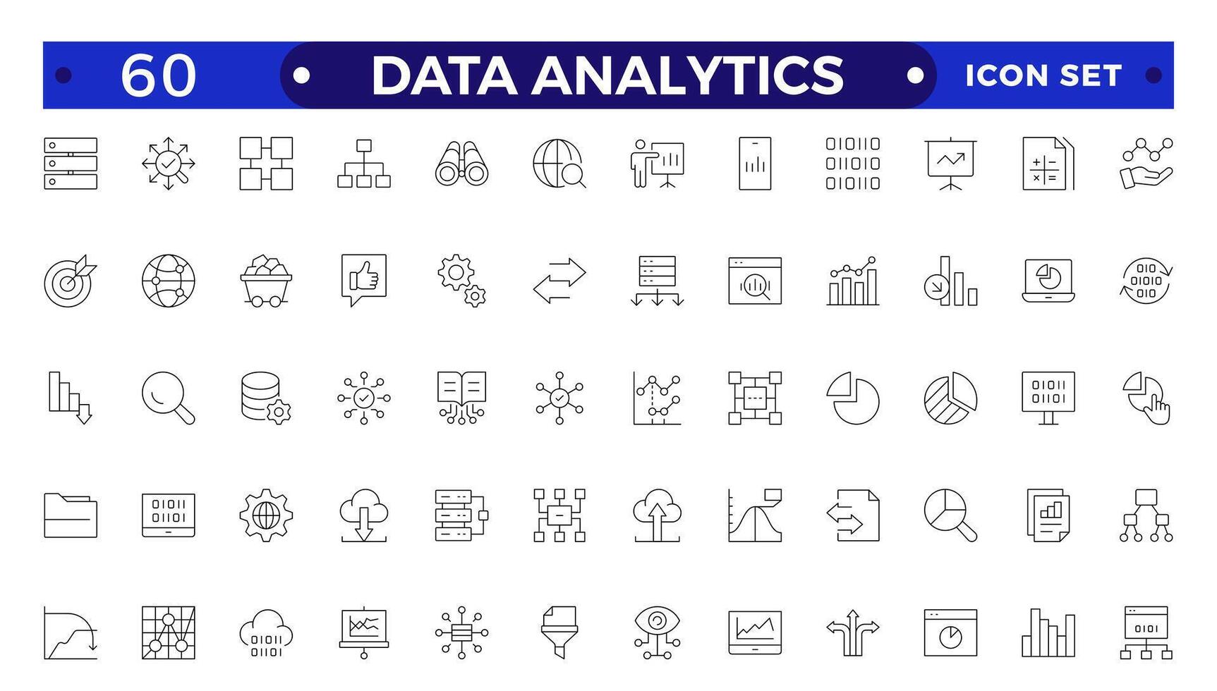 Data analytics icon set. Big data analysis technology symbol. Containing database, statistics, analytics, server, monitoring, computing and network icons. Outline icons collection. vector