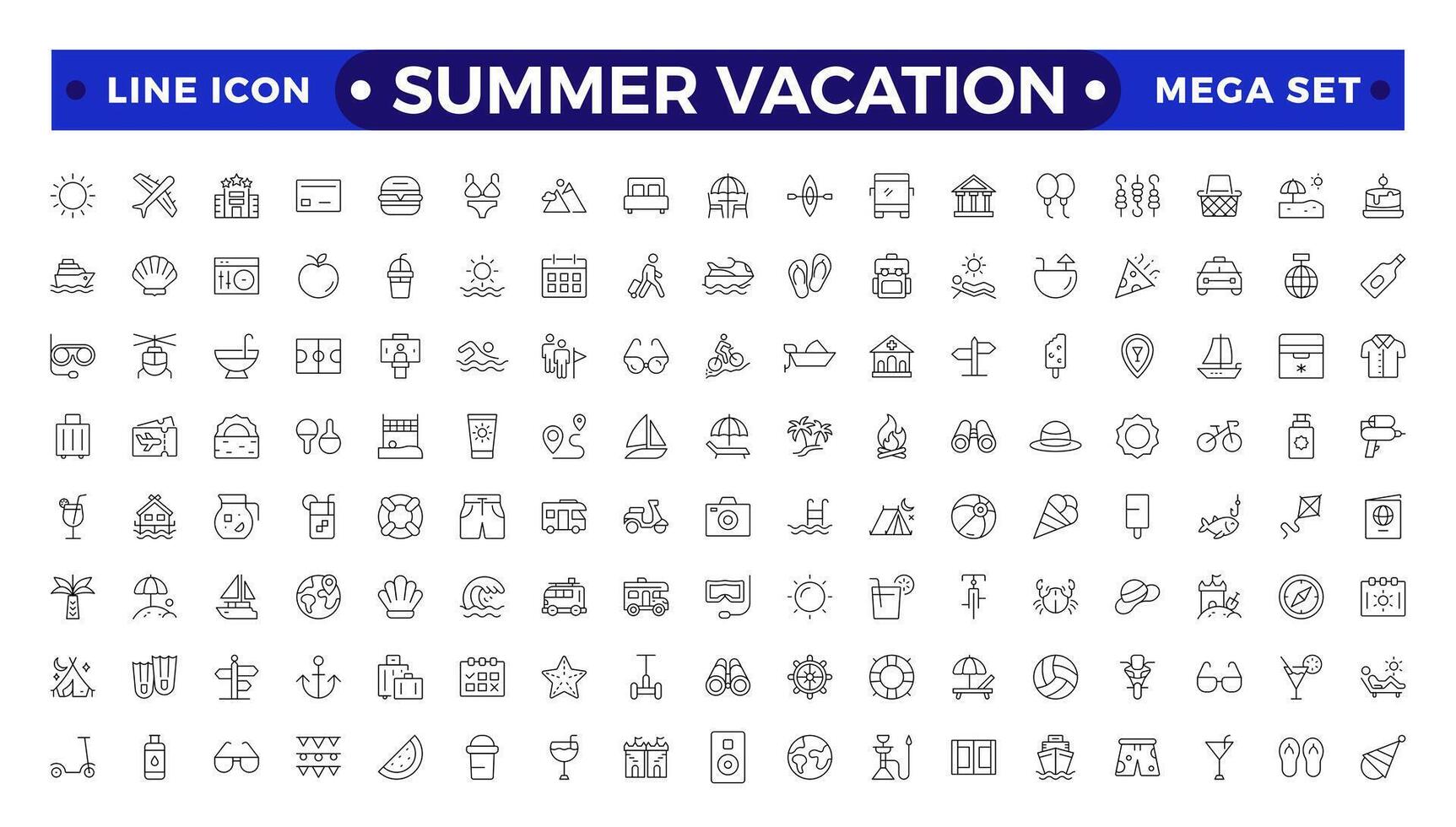 summer vacations icon set. Thin line illustrations with objects, activities and places related with traveling, tourism, outdoors in the beach and mountain, camping, resorts and hotels. vector