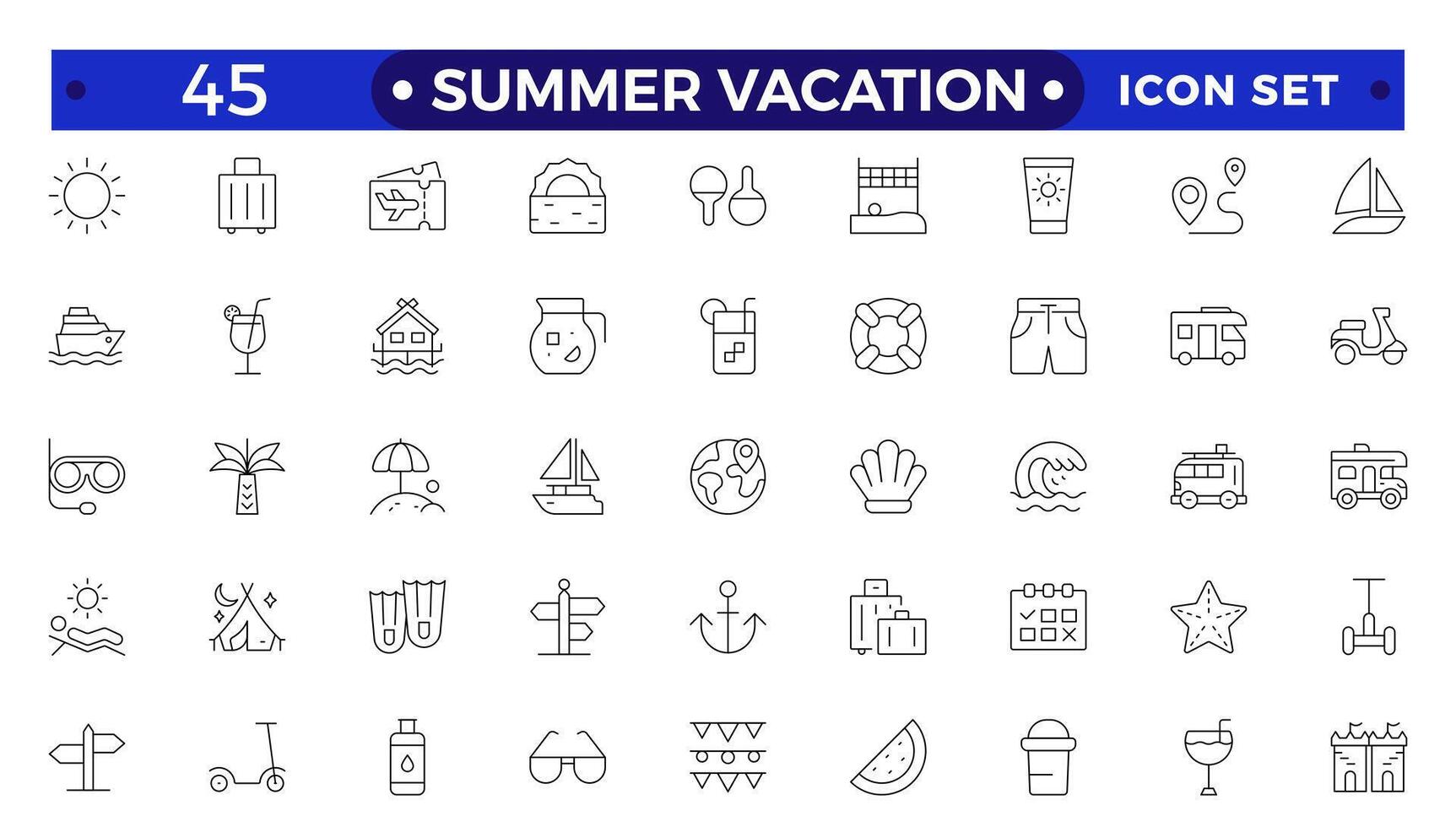 summer vacations icon set. Thin line illustrations with objects, activities and places related with traveling, tourism, outdoors in the beach and mountain, camping, resorts and hotels. vector