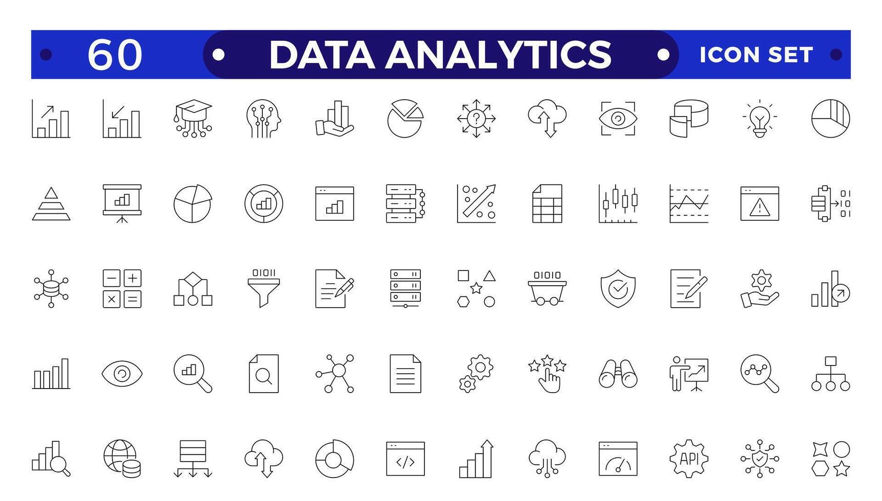 Data analytics icon set. Big data analysis technology symbol. Containing database, statistics, analytics, server, monitoring, computing and network icons. Outline icons collection. vector