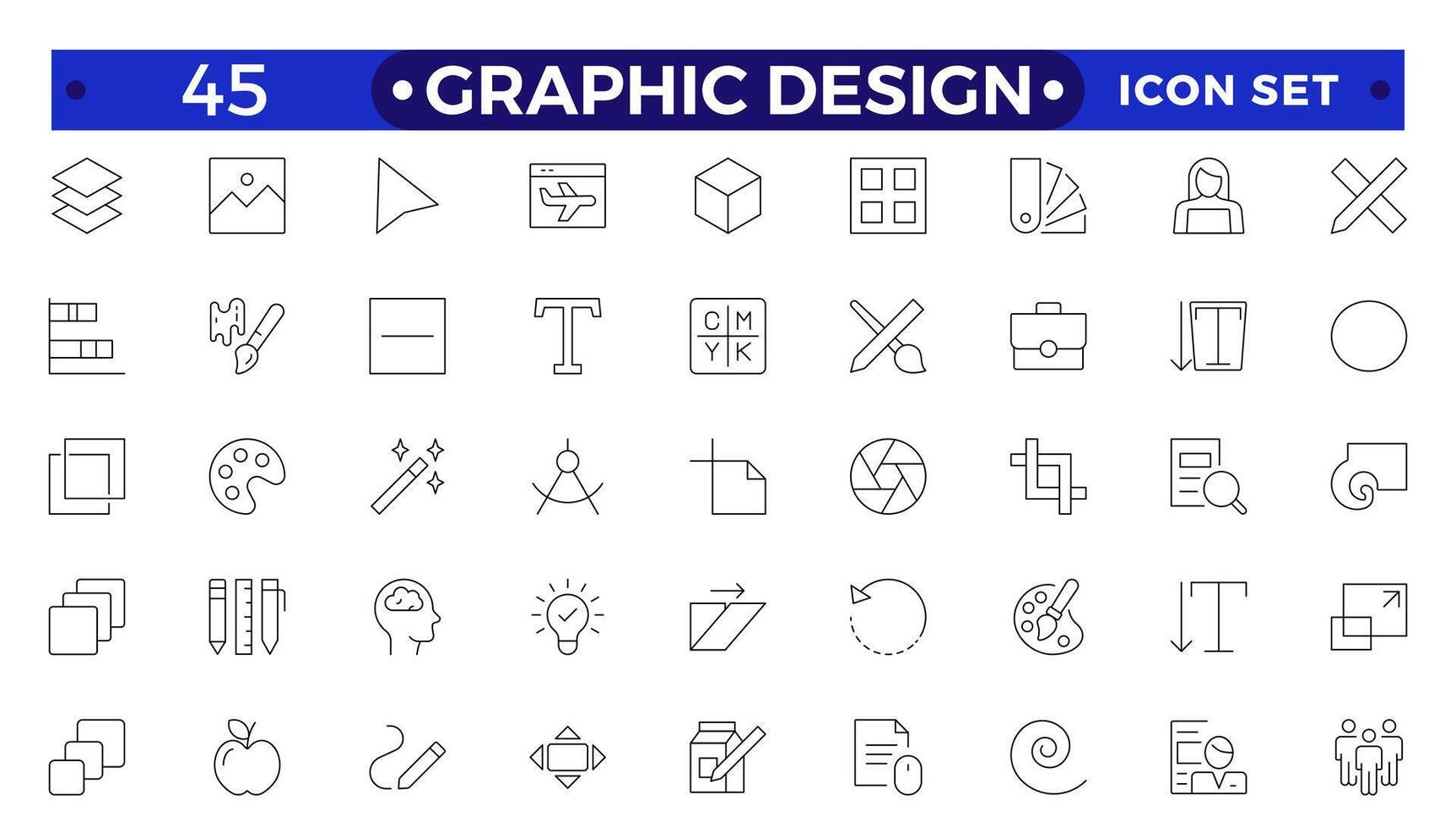 Set of outline icons of graphic design. Simple linear icons in a modern style flat, Creative Process. Graphic design, creative package, stationary, software.Minimal Graphic Design related icon set. vector