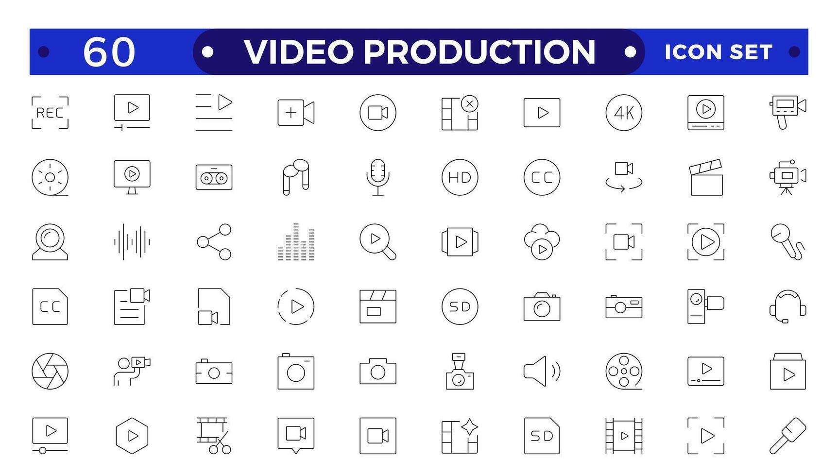 Production icon set. Containing camera, play, pause, media, online, live, production, player, movie and cinema icons.production icon outline icon collection. vector