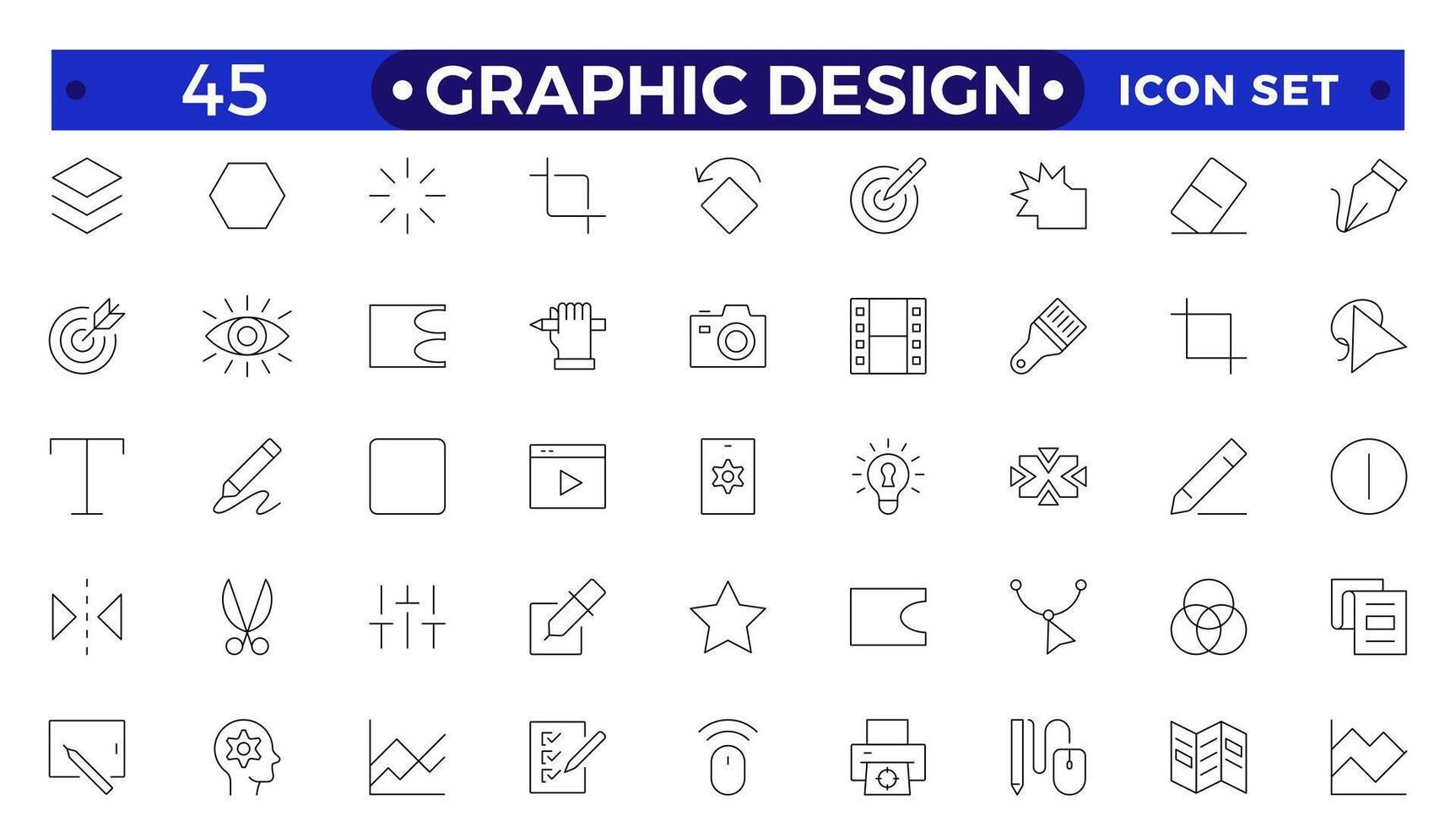 Set of outline icons of graphic design. Simple linear icons in a modern style flat, Creative Process. Graphic design, creative package, stationary, software.Minimal Graphic Design related icon set. vector