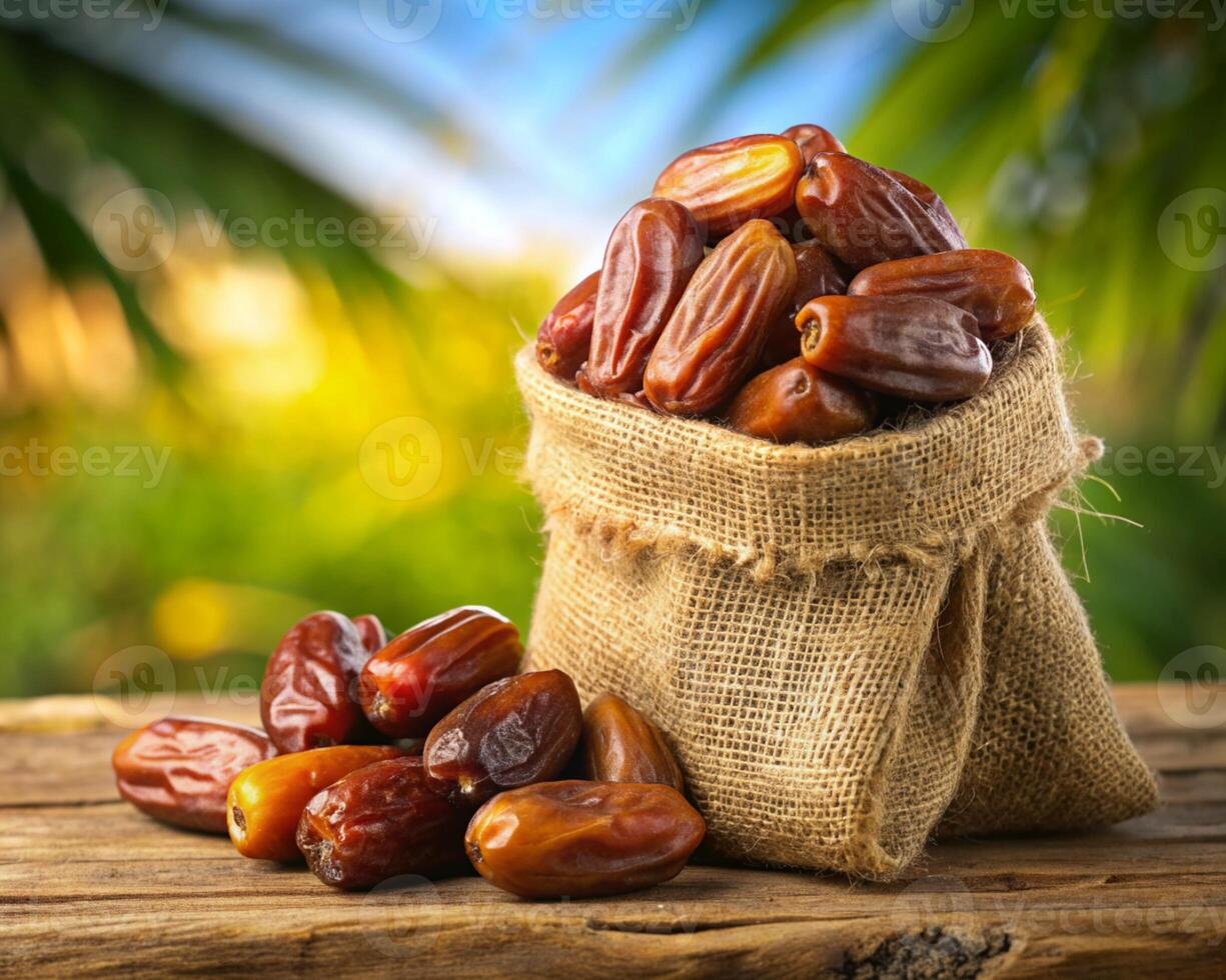 dates in a bag on a wooden table photo