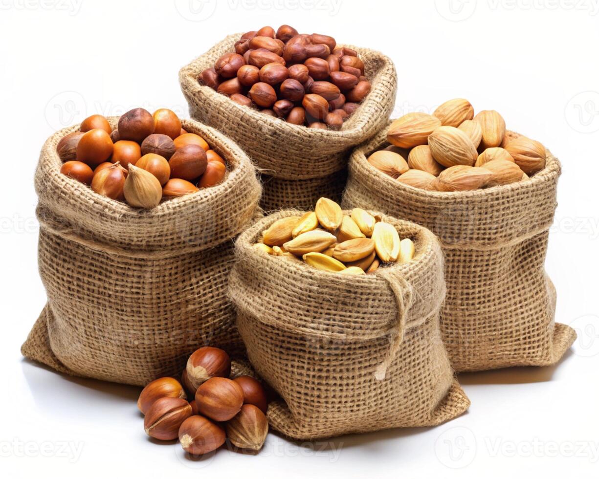 nut bags with nuts in them on a white background photo