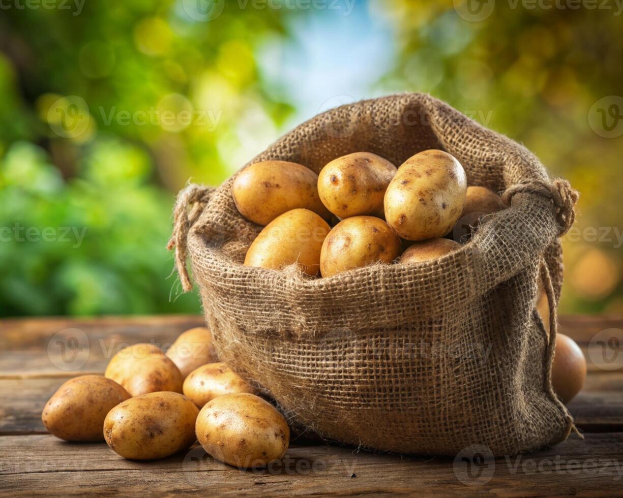 potatoes in a sack on a wooden table photo
