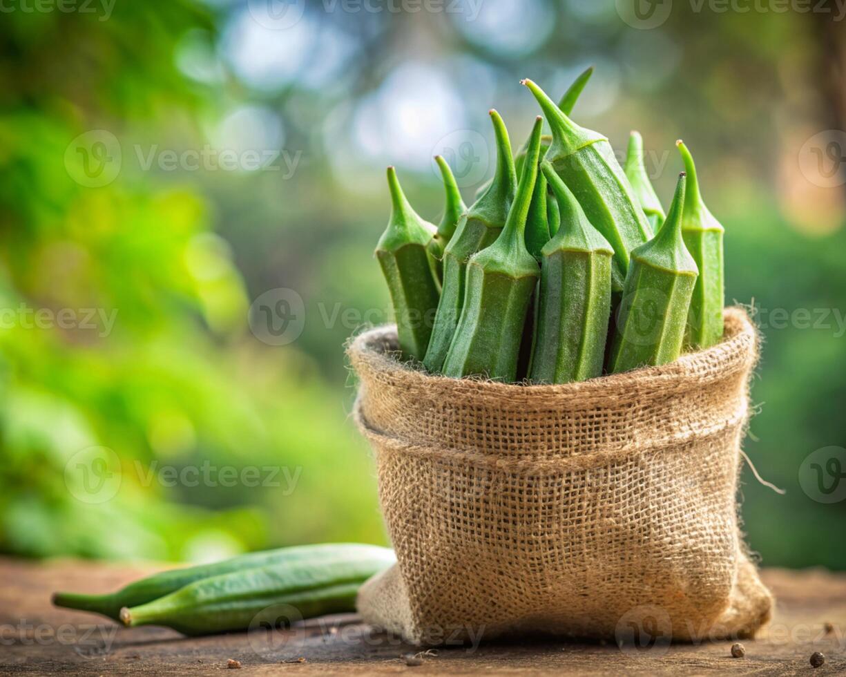okra in a bag on a wooden table photo